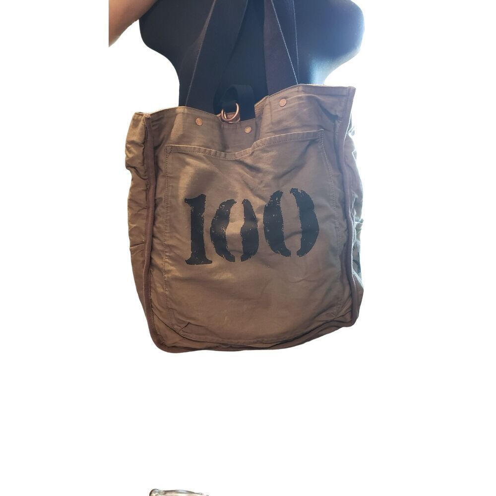 Canvas Crossbody Tote Bag with '100' Front Print in Olive